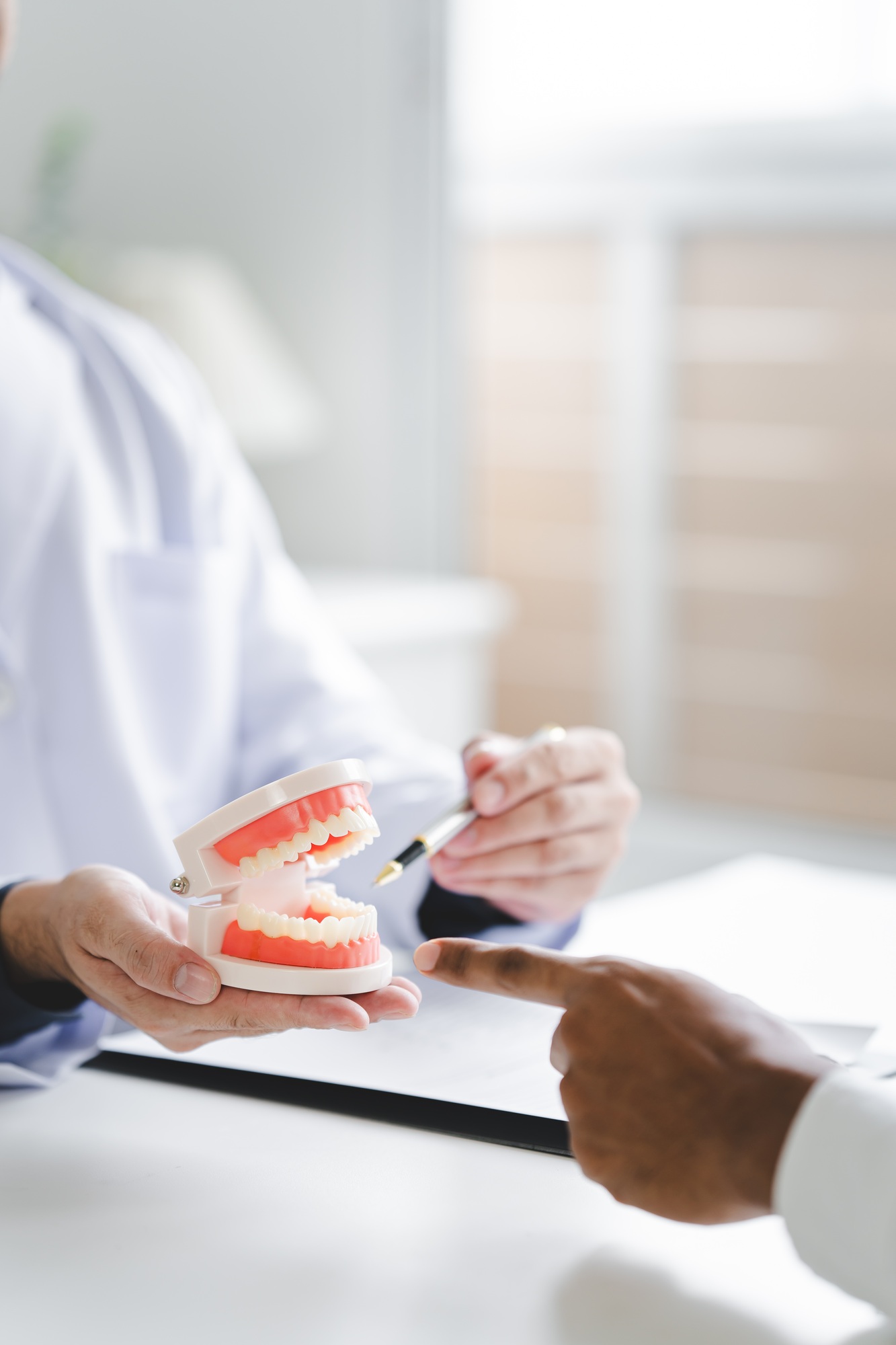 Dentist explaining endodontic treatment to patient in office Dentist holding a tooth model for exami