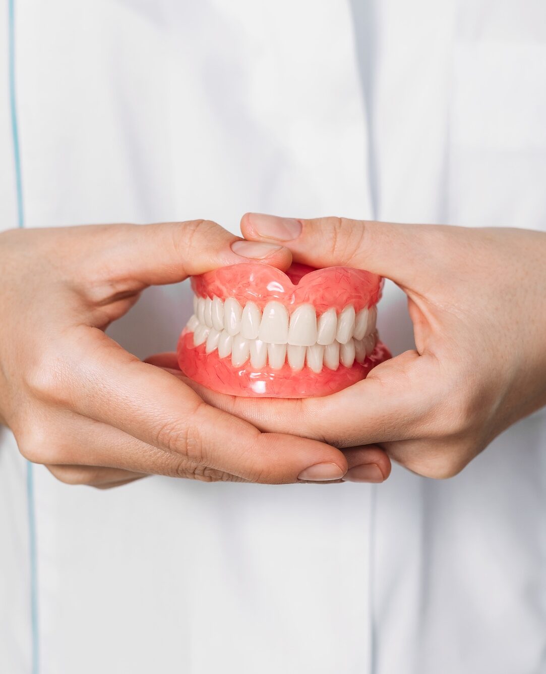 Front view of complete denture. Dentistry conceptual photo. Prosthetic dentistry. False teeth