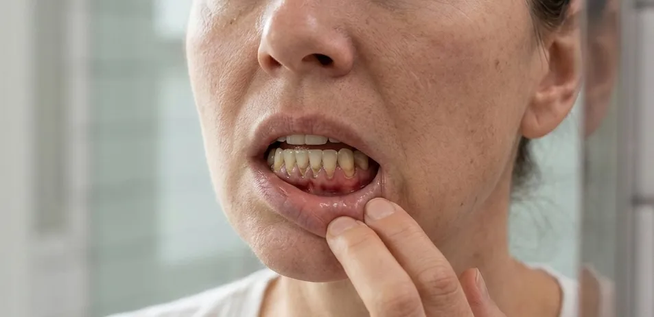 Una mujer se examina la boca con las encías inflamadas por periodontitis