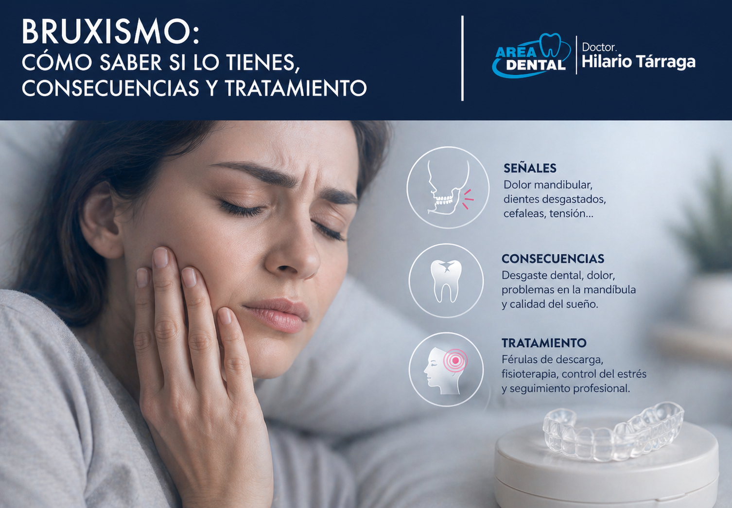 Mujer en la cama tocándose la mandíbula por dolor consecuencia del bruxismo y apretar los dientess
